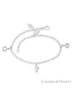 Dolphin, Star, & Rolo Link Chain Charm Anklet in Italy .925 Sterling Silver- 10"